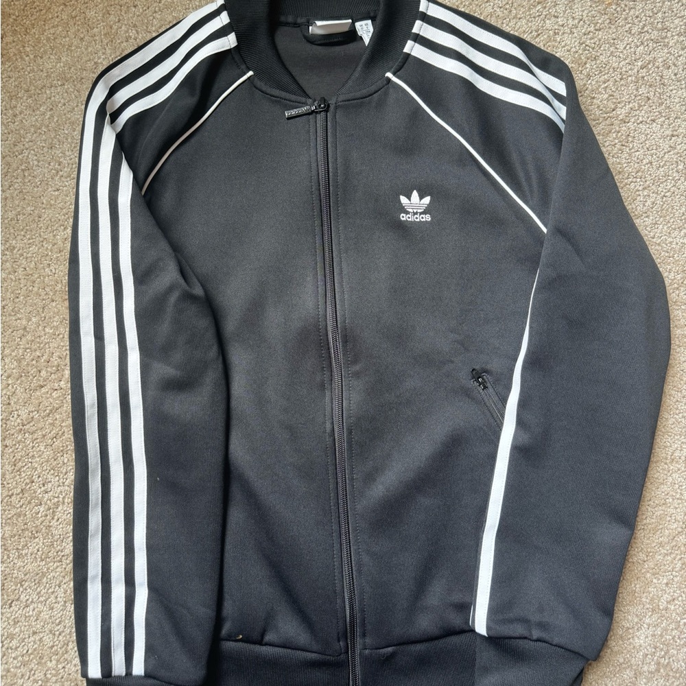Adidas Black and White Bomber Jacket with Iconic Three-Stripe Design